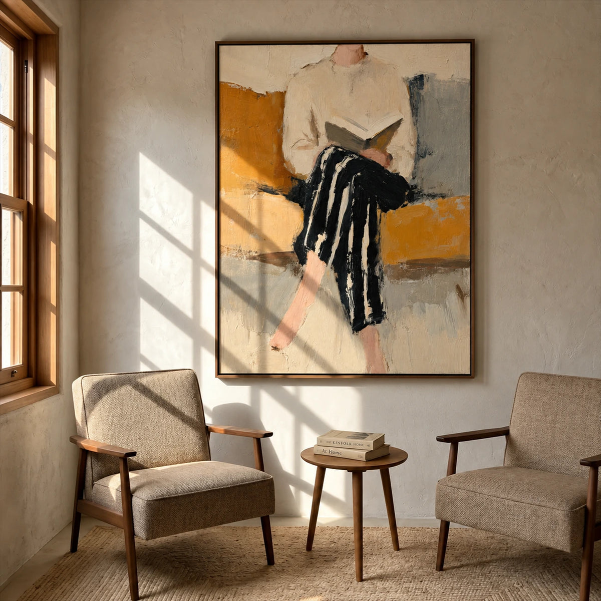 Ochre Reader painting above two upholstered armchairs beside a sunlit wood-framed window.