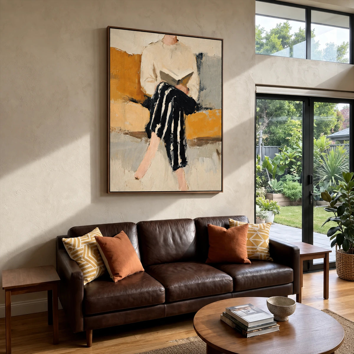 Ochre Reader painting above a dark leather sofa beside windows overlooking a green garden.