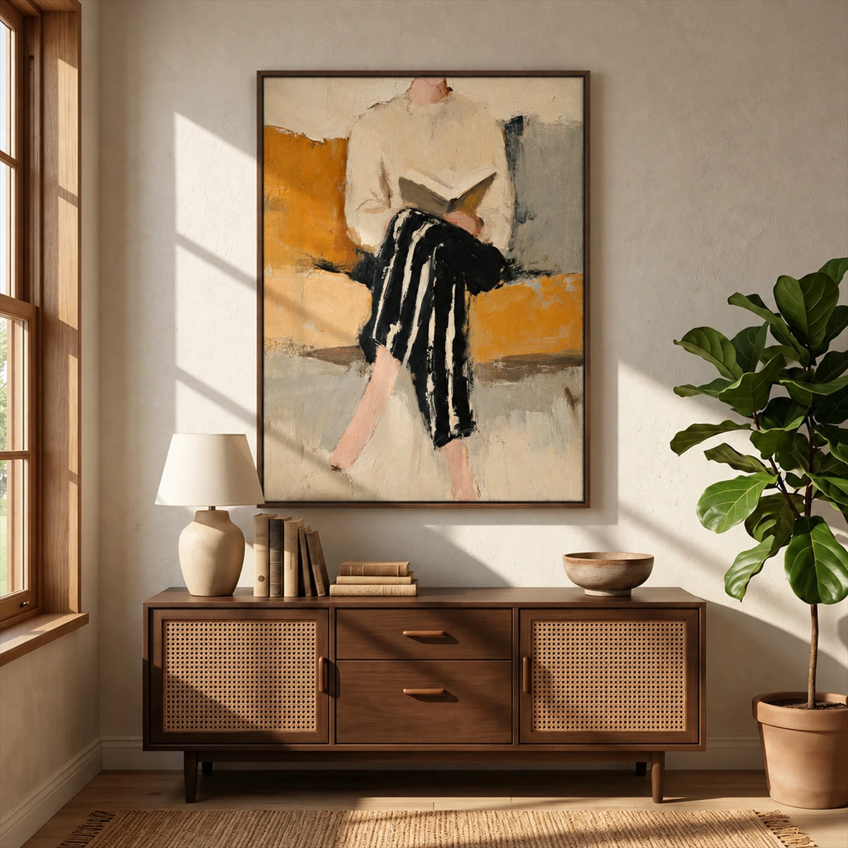 Ochre Reader painting above a wood sideboard with a lamp and books beside a leafy plant.