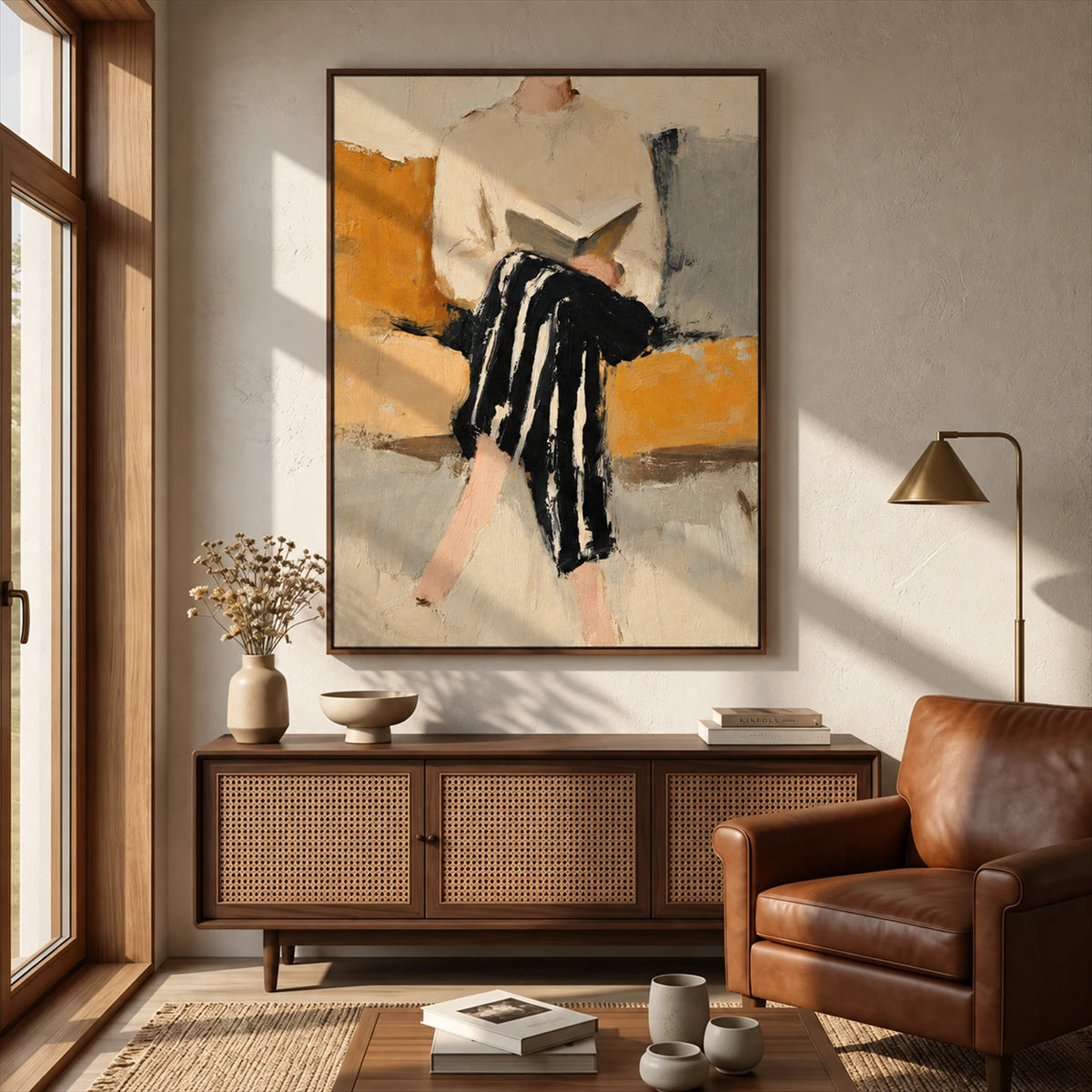 Ochre Reader painting above a wood cabinet beside a brown leather armchair and floor lamp.