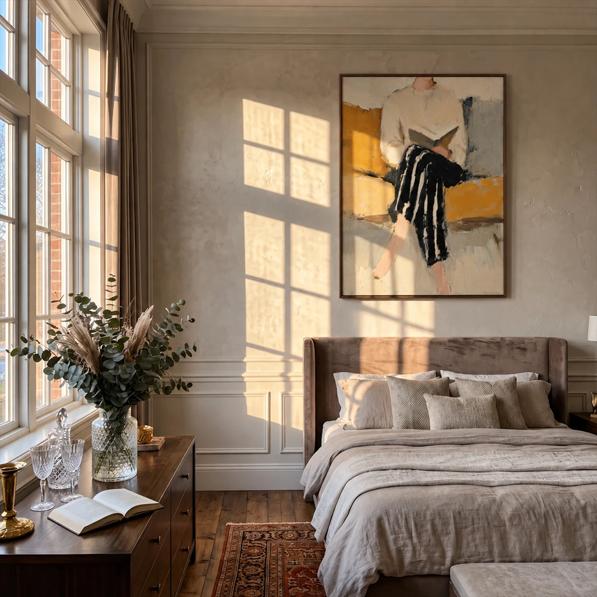 Ochre Reader painting above a bed with neutral linens in a bedroom lit by warm window light.
