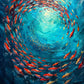 Full artwork of a school of orange and golden fish circling a luminous turquoise center in deep blue water.