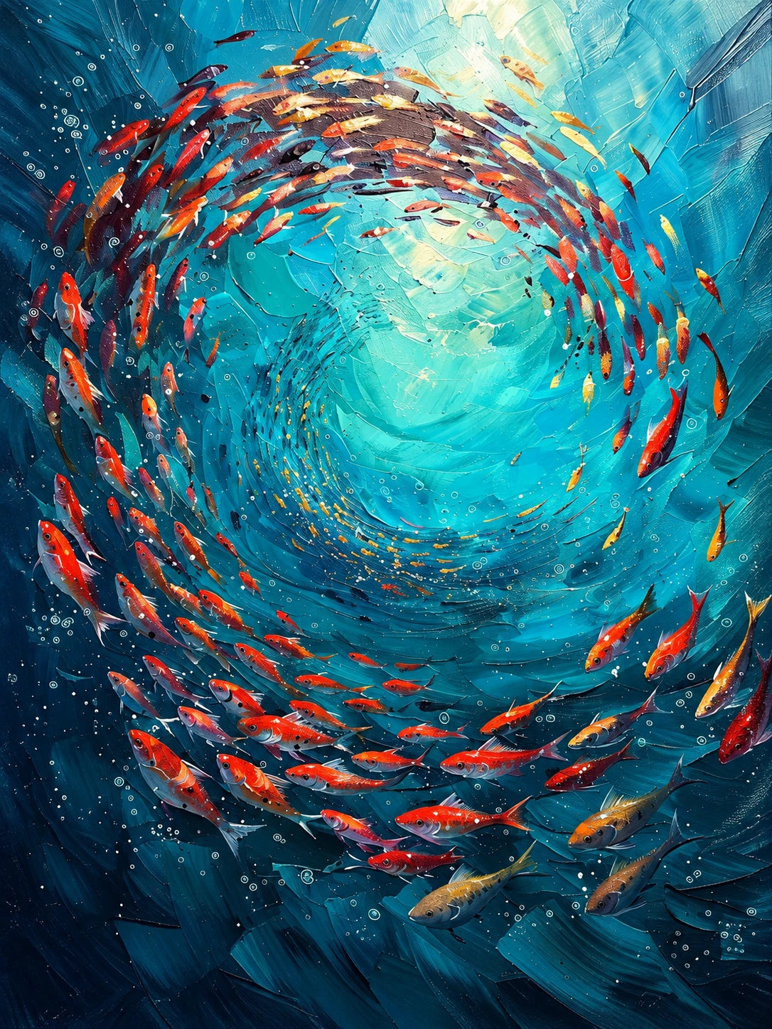 Full artwork of a school of orange and golden fish circling a luminous turquoise center in deep blue water.