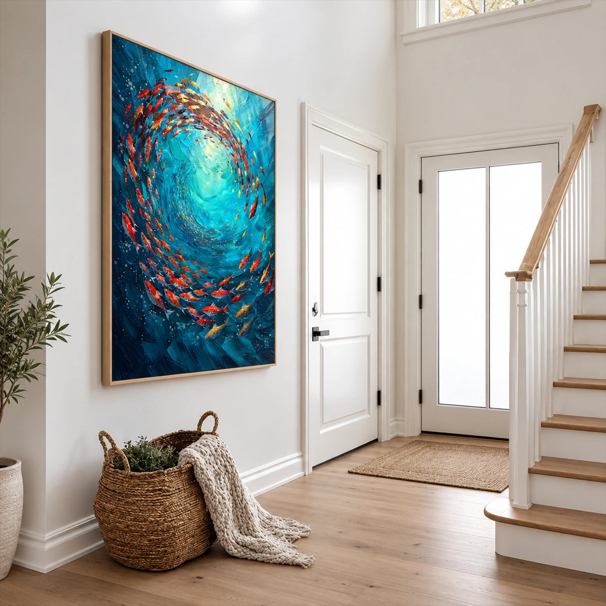 Ocean Swirl painting in a bright entryway beside a staircase and a woven basket.