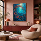 Ocean Swirl painting above a burgundy sideboard beside a cream lounge chair in a warm pink room.