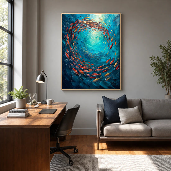 Ocean Swirl painting beside a wood desk and gray sofa in a window-lit home office.