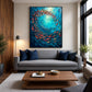 Ocean Swirl painting above a gray sofa with navy cushions and a low wood coffee table.
