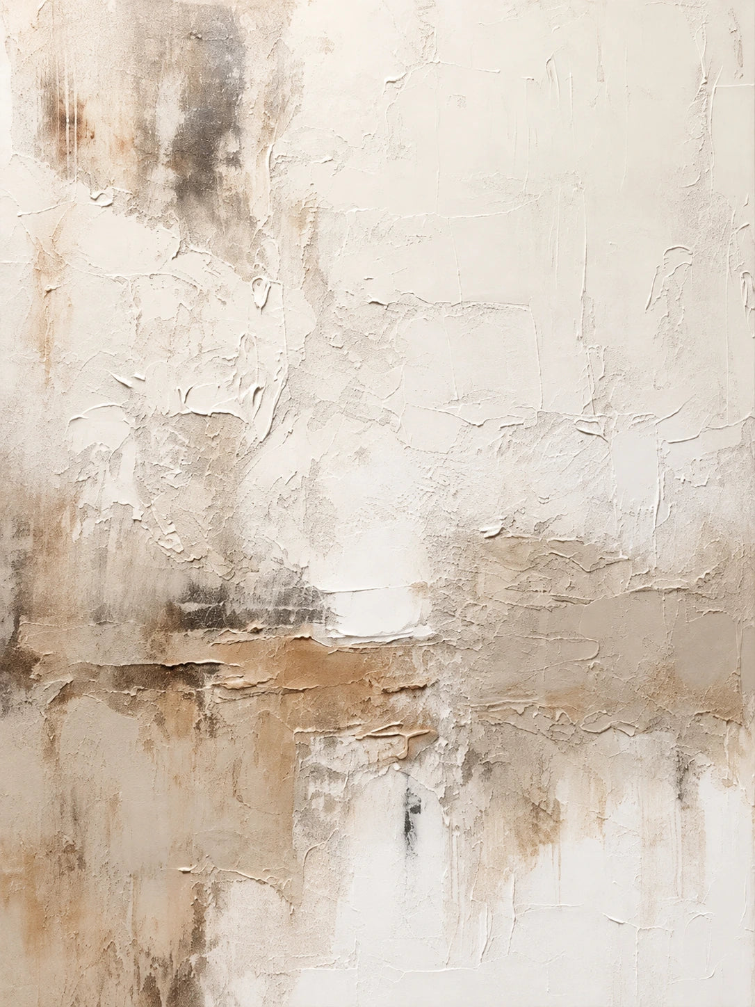 Full abstract artwork with ivory fields, sand and taupe layers, and broken charcoal marks.