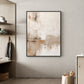 Quiet Earth painting in a dark frame beside open shelves and a woven basket in a neutral interior.