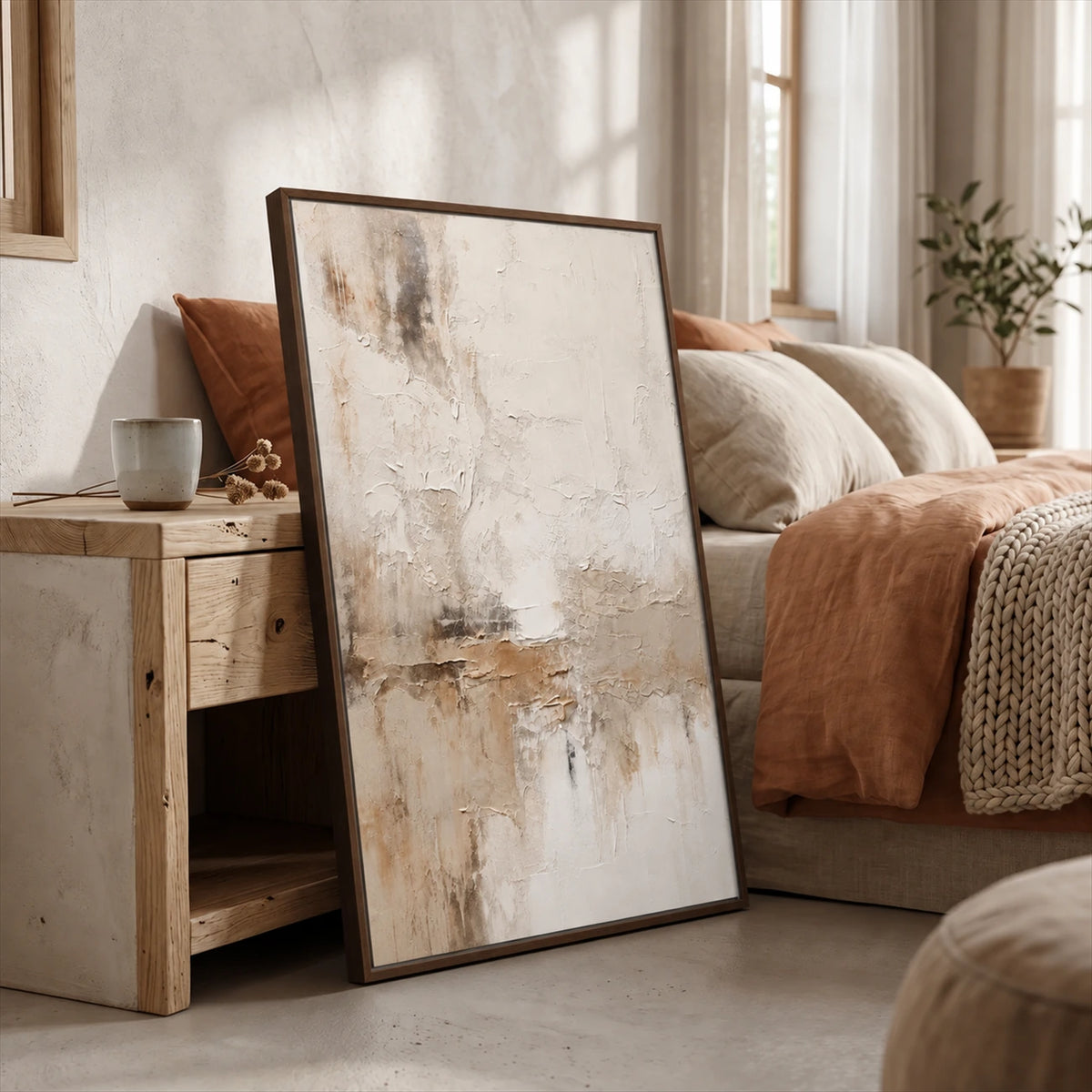 Framed Quiet Earth painting leaning beside a bedside cabinet and a bed with warm neutral linens.