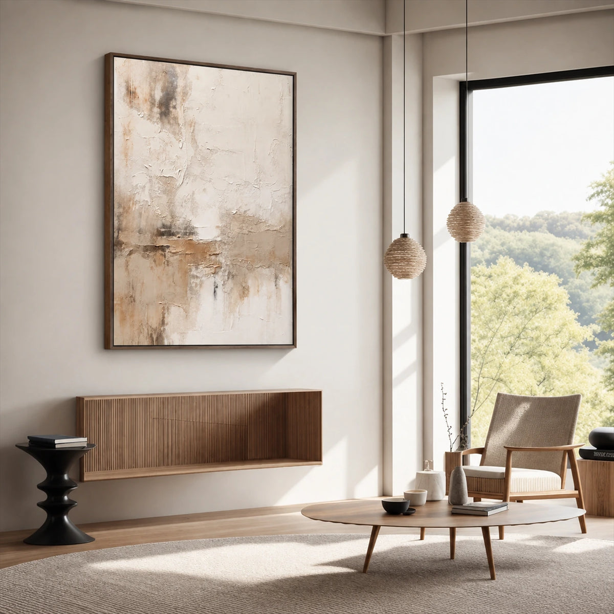 Quiet Earth painting above a floating wood cabinet beside a lounge chair and tall windows.