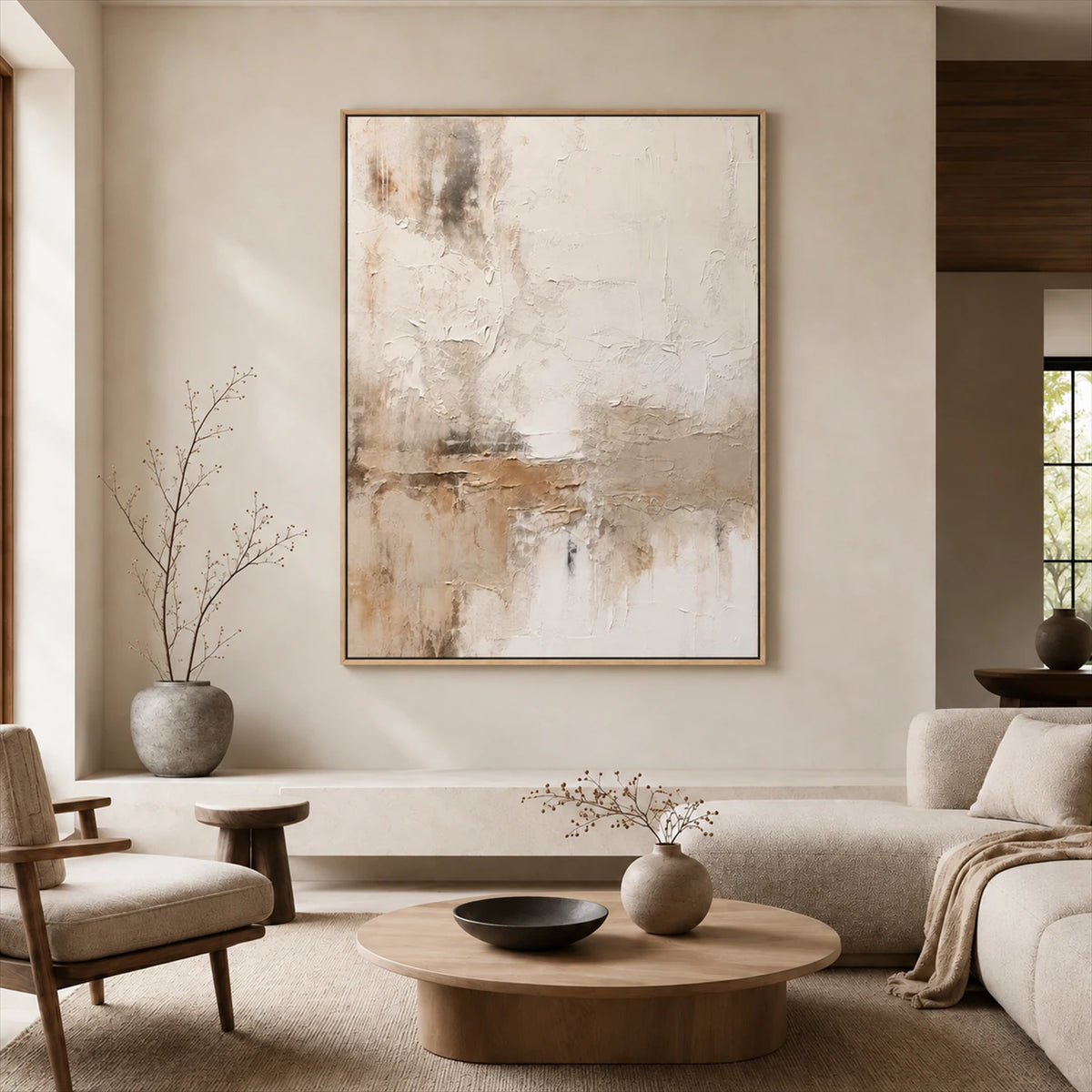 Quiet Earth painting in a light wood-colored frame above a pale sofa and round coffee table.