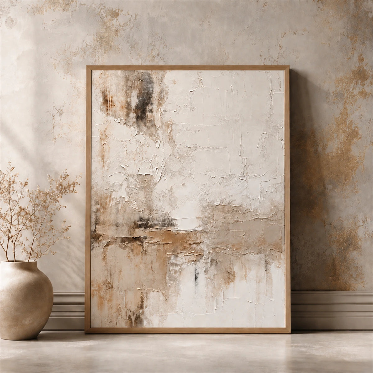 Quiet Earth painting in a wood-colored frame leaning against a textured wall beside a ceramic vase.