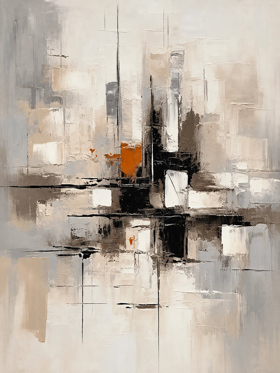 Full abstract artwork with slender charcoal lines, layered ivory and gray shapes, and a burnt-orange accent.