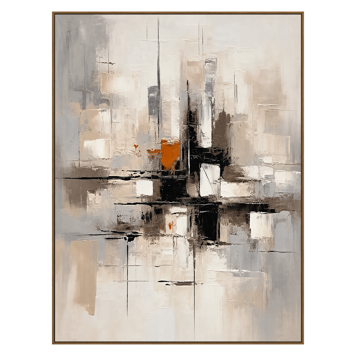Urban Echo vertical artwork in a natural wood frame on a transparent background.
