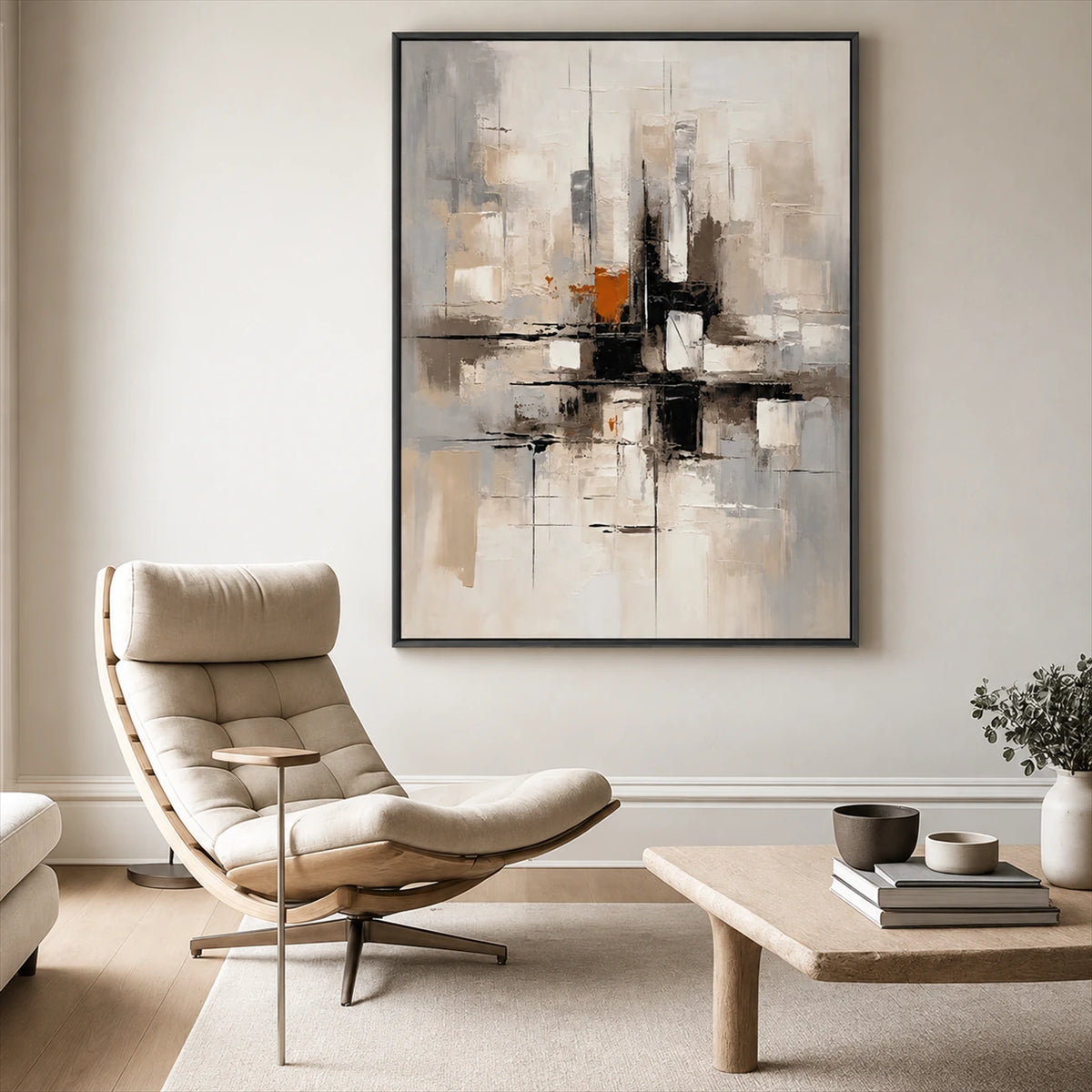 Urban Echo painting above a cream lounge chair and low coffee table in a light interior.