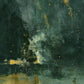 Full abstract artwork with deep emerald layers, a pale mist-like center, scattered golden-yellow marks and an ochre lower edge.