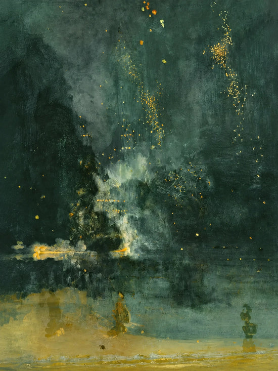 Full abstract artwork with deep emerald layers, a pale mist-like center, scattered golden-yellow marks and an ochre lower edge.