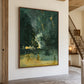 Emerald Haze painting in a wood-colored frame beside an open staircase in a warm neutral interior.