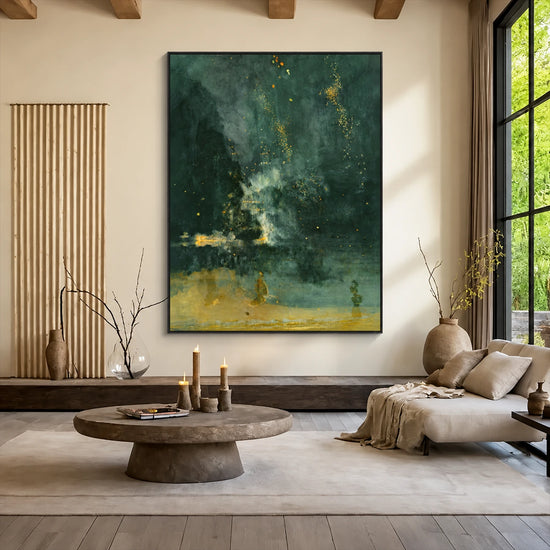 Emerald Haze painting above a low round coffee table in a living room with wood beams and tall windows.