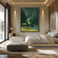 Emerald Haze painting beside a bed in a softly lit bedroom with floor-to-ceiling windows.
