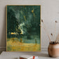 Emerald Haze painting in a gold-colored frame leaning against a wall beside a ceramic vase.