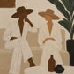 Full artwork of two figures in cream outfits and wide-brimmed hats beside a low table and dark green palm leaves.