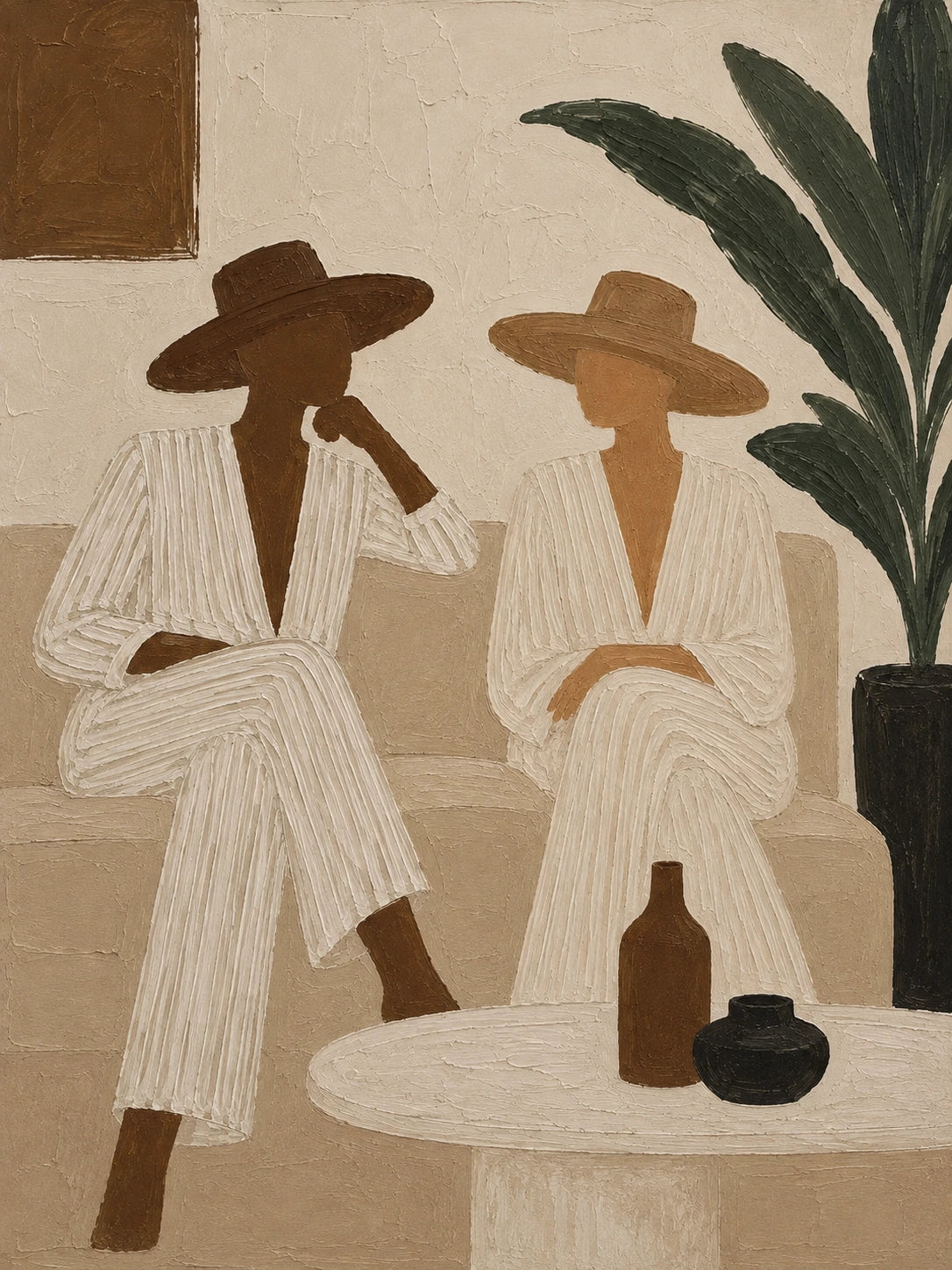 Full artwork of two figures in cream outfits and wide-brimmed hats beside a low table and dark green palm leaves.