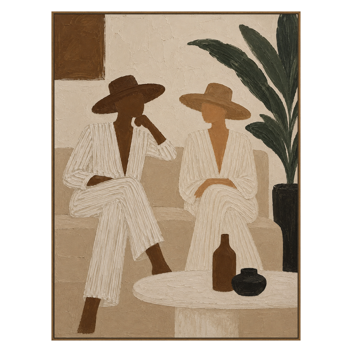 Palm Conversation vertical artwork in a natural wood frame on a transparent background.