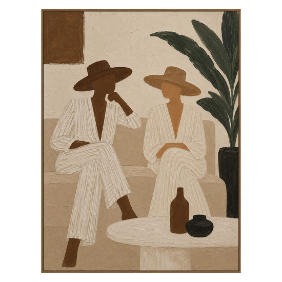 Palm Conversation vertical artwork in a natural wood frame on a transparent background.
