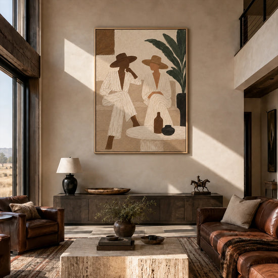 Palm Conversation painting above a long console in a tall living room with leather seating and large windows.