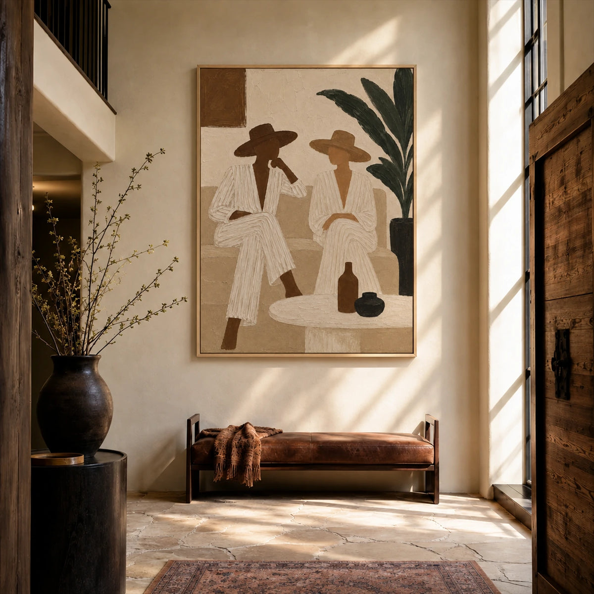 Palm Conversation painting above a leather bench in a sunlit double-height entryway.
