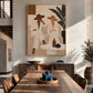 Palm Conversation painting above a sideboard behind a wood dining table with leather chairs.