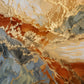 Full abstract artwork with branching golden lines and sweeping rust, slate blue and warm ivory forms.