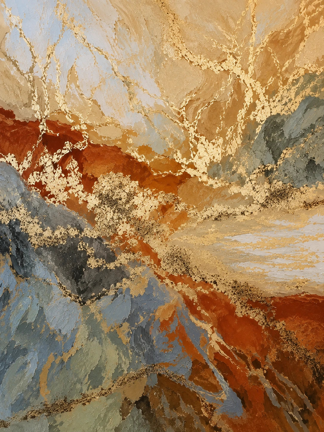 Full abstract artwork with branching golden lines and sweeping rust, slate blue and warm ivory forms.
