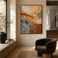 Gilded Currents painting beside a window seat and a dark rounded armchair in a warm interior.