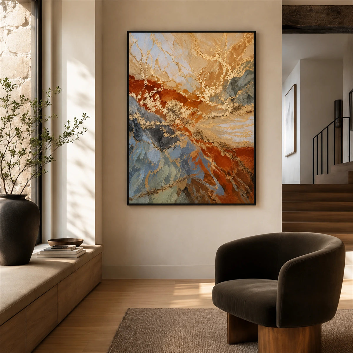 Gilded Currents painting beside a window seat and a dark rounded armchair in a warm interior.