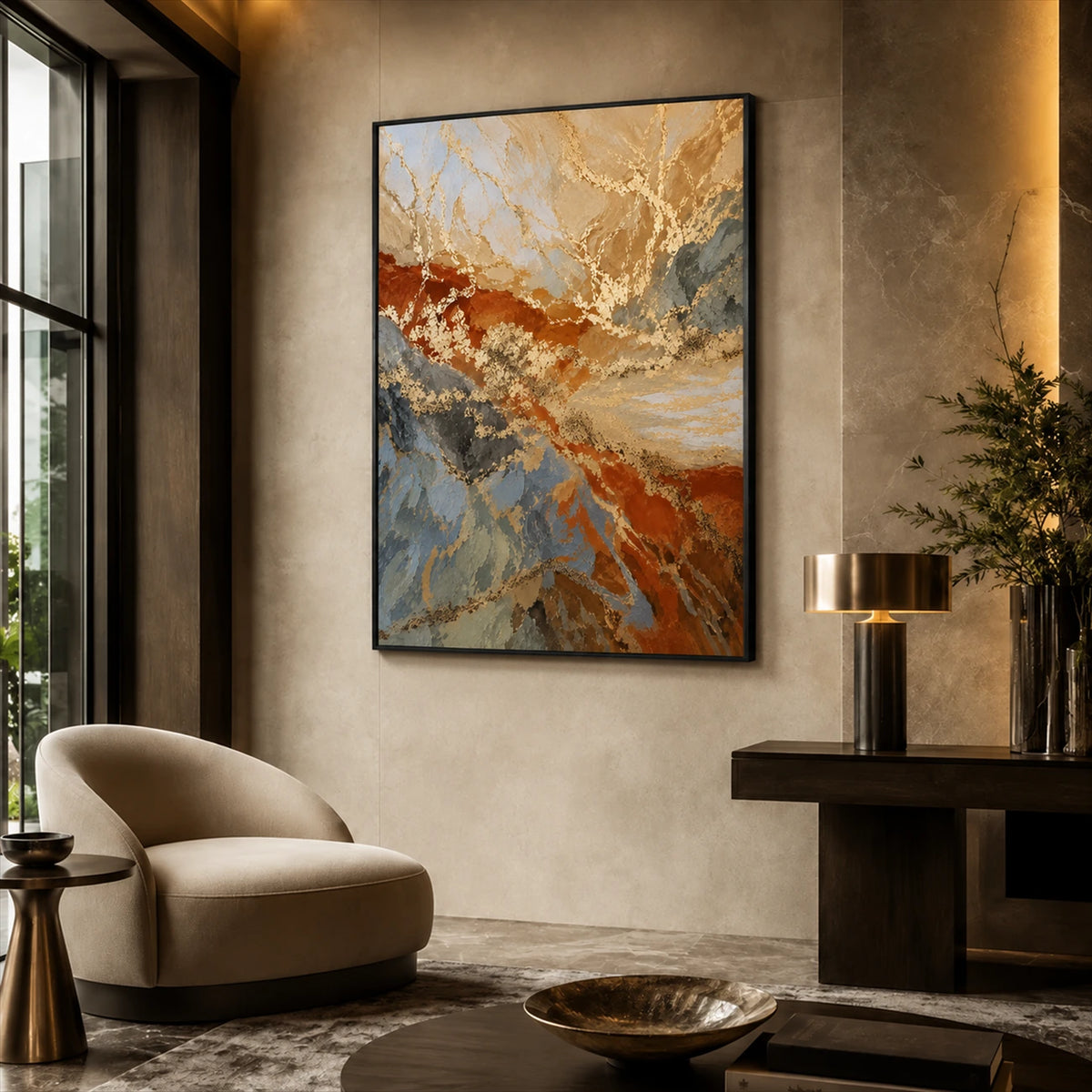 Gilded Currents painting above a cream lounge chair beside a dark console and brass-colored lamp.