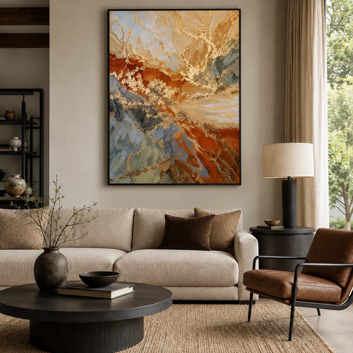 Gilded Currents painting above a light sofa beside a leather armchair and floor lamp.