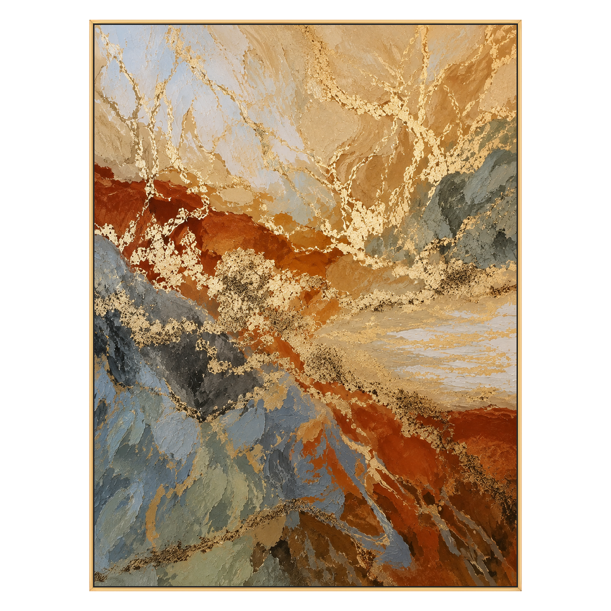 Gilded Currents vertical artwork in a gold frame on a transparent background.