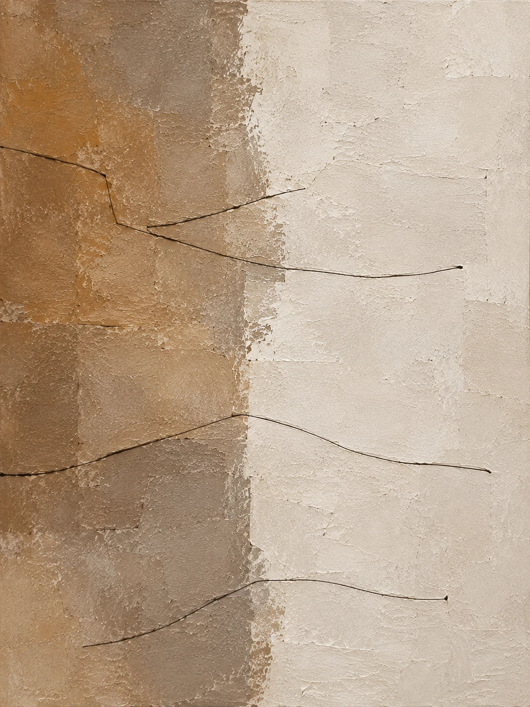 Full abstract artwork with warm sandstone and taupe beside soft ivory, crossed by thin irregular lines.