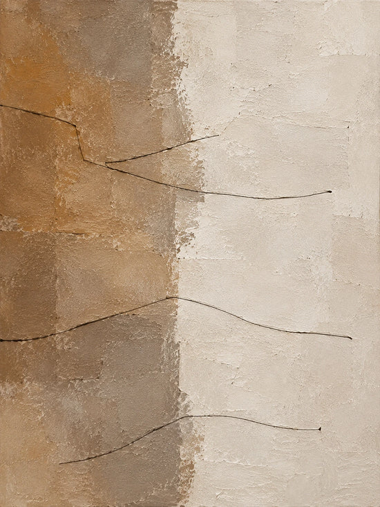Full abstract artwork with warm sandstone and taupe beside soft ivory, crossed by thin irregular lines.