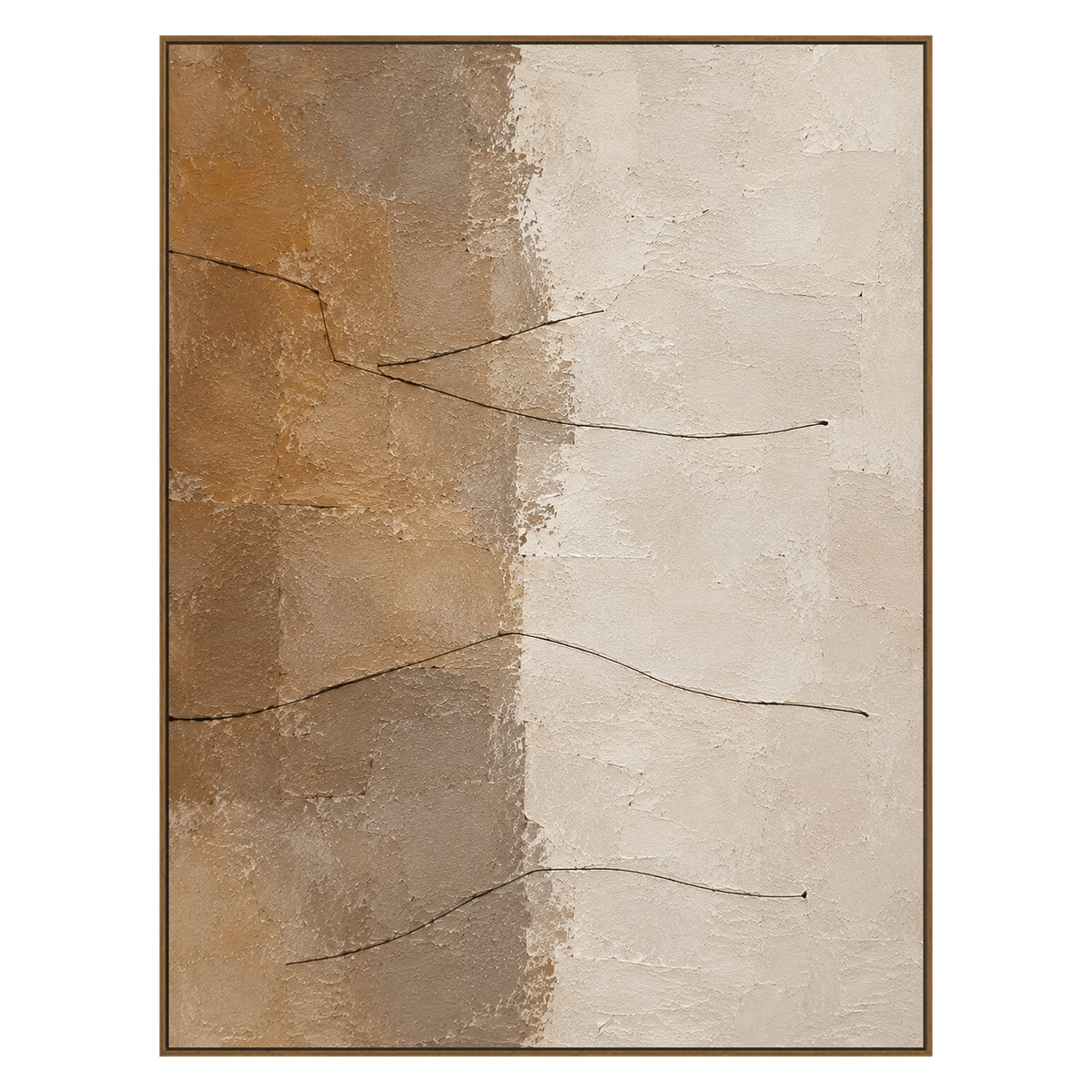 Sandstone Lines vertical artwork in a natural wood frame on a transparent background.