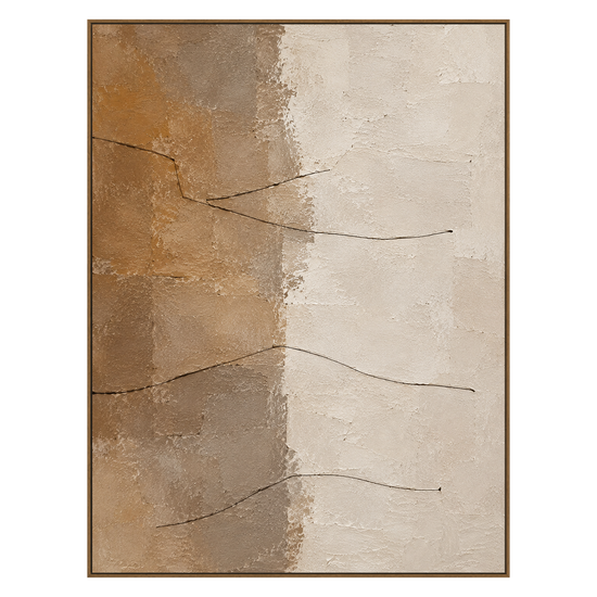 Sandstone Lines vertical artwork in a natural wood frame on a transparent background.