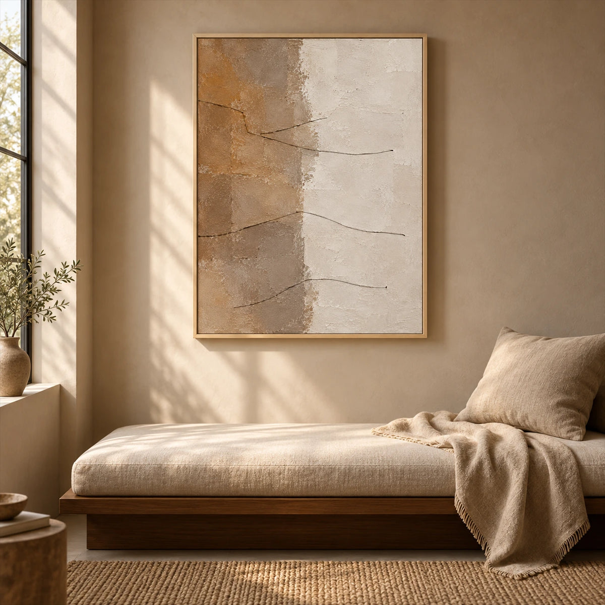 Sandstone Lines painting above a neutral daybed beside a sunlit window.