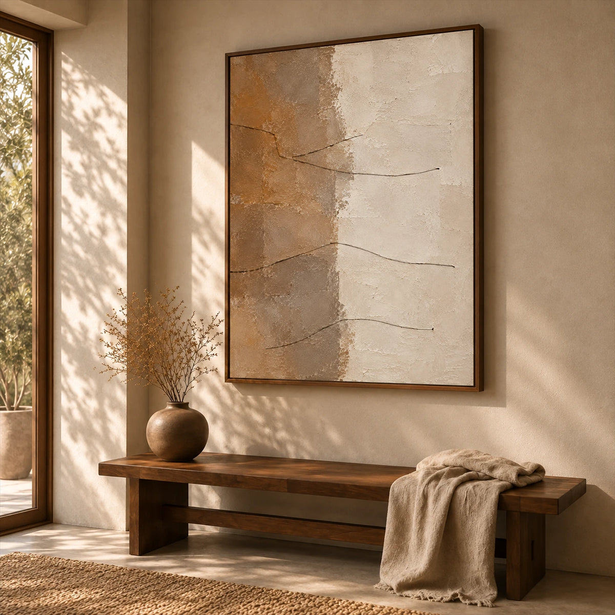 Sandstone Lines painting above a rustic wood bench with a vase and a draped throw.