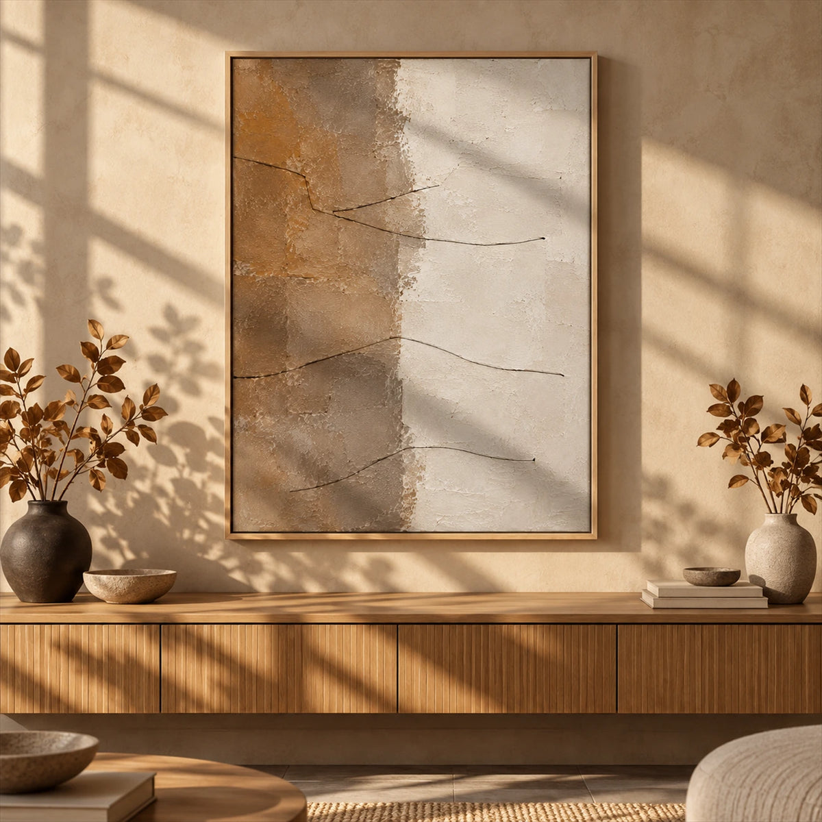 Sandstone Lines painting above a slatted wood sideboard with autumnal branches and window shadows.