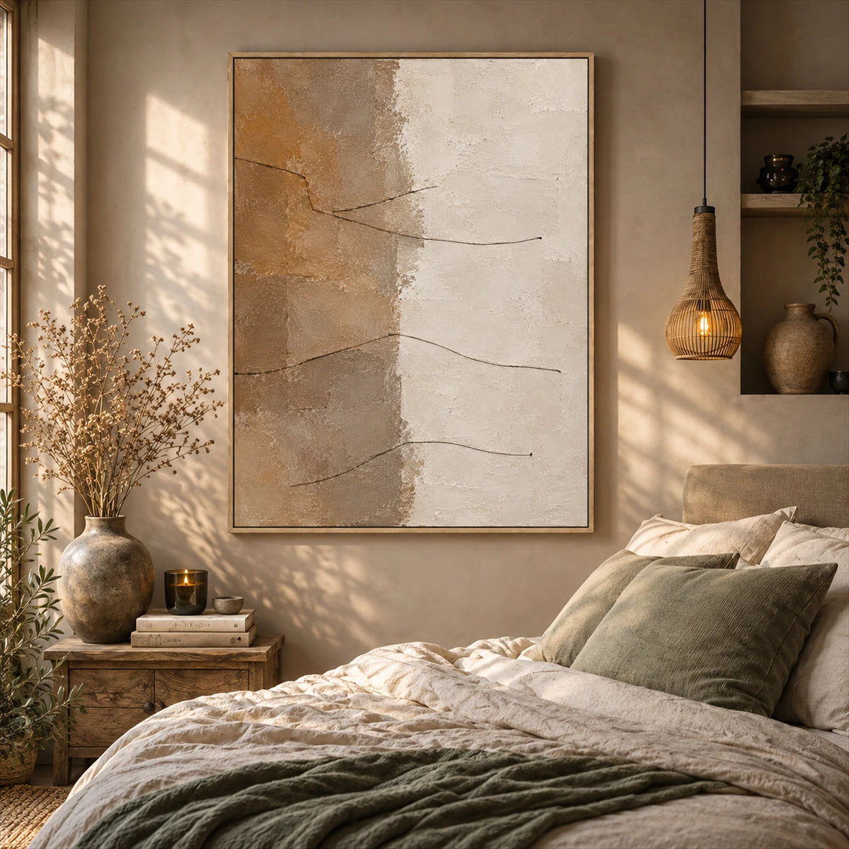 Sandstone Lines painting above a bed with earthy linens in a softly lit bedroom.