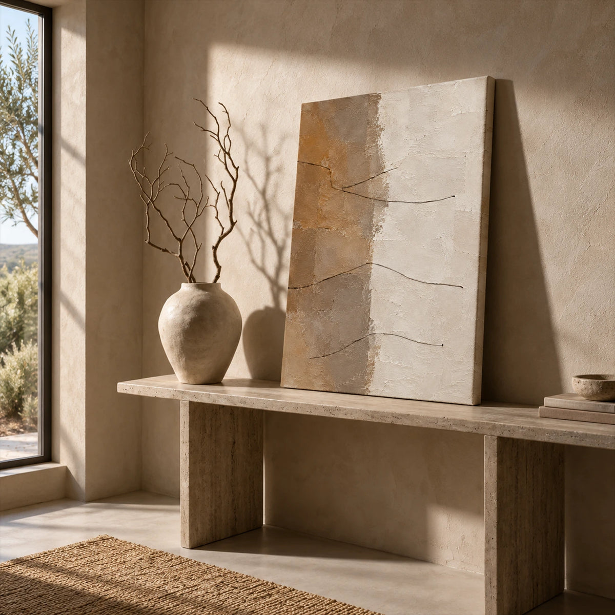 Unframed Sandstone Lines canvas leaning on a console beside a ceramic vase with bare branches.