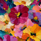 Full floral artwork of oversized magenta, coral, yellow and cream flowers among turquoise and deep green passages.